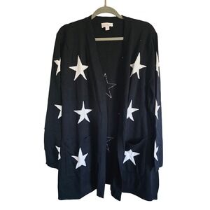 Belle Kim Gravel Black Star Print Long Sleeve Open Front Cardigan Sweater XL NEW